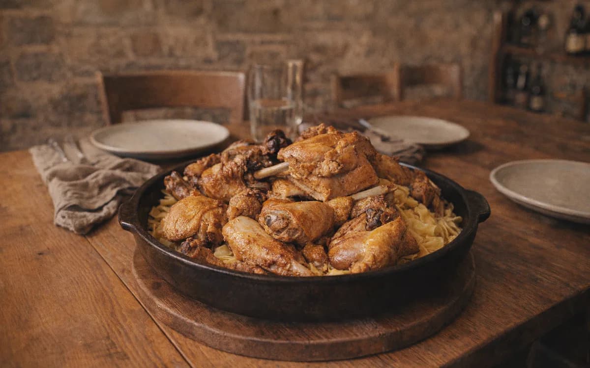 Village chicken with jufka noodles at Bujtina Çupa, a warm meal for changing Albania autumn weather.