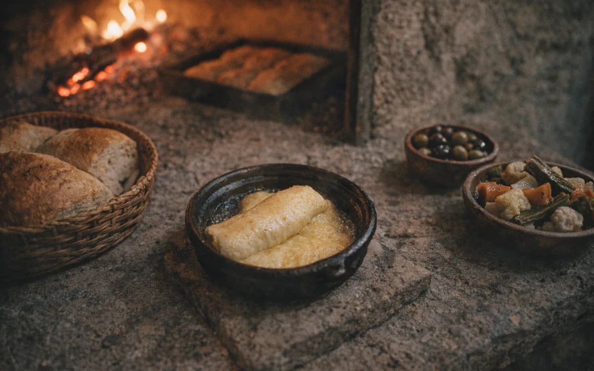Albanian cheese kaçkavall baked in a clay pan beside bread, olives and pickles