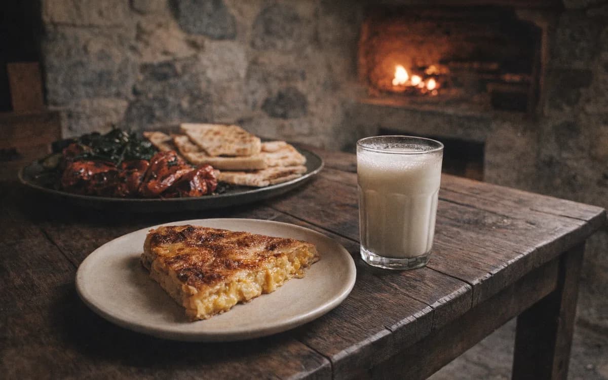 Byrek, grilled vegetables, and dhallë Albania at Bujtina Çupa