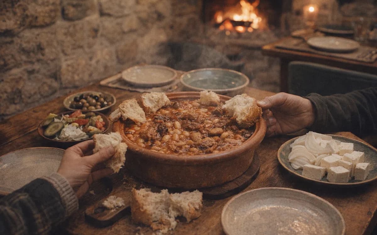 Jani me fasule served with bread, pickles, olives, onion, and white cheese on a village table