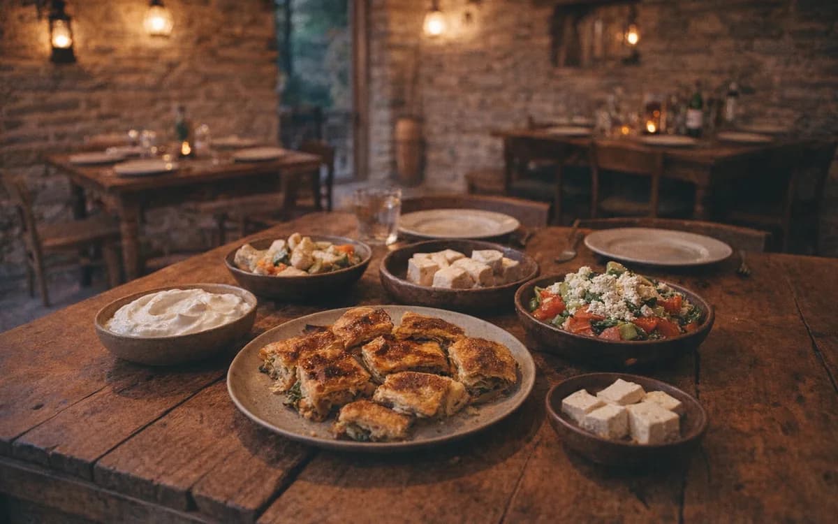 Warm lakror në saç slices with yogurt, cheese, turshi, and village salad on a guesthouse table