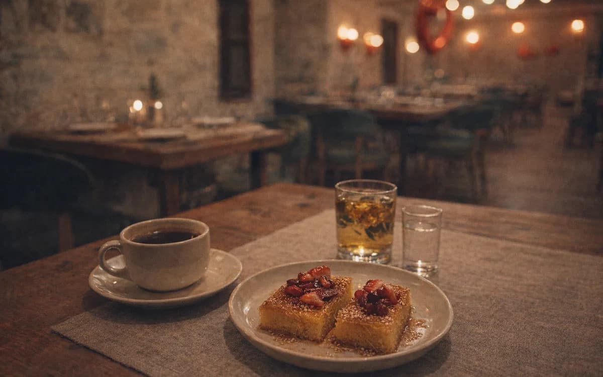 Revani recipe served with coffee, mountain tea and raki at an Albanian guesthouse table