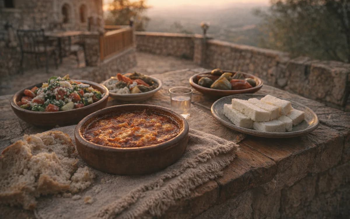 Tavë dheu recipe served in clay dish with bread, salad, pickles and raki at an Albanian guesthouse