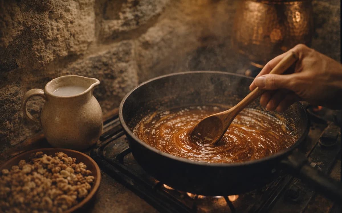 Amber caramel stirred for a hasude recipe with walnuts and starch water in a warm stone kitchen