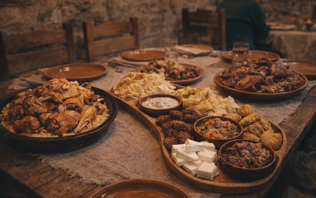 Ushqim tradicional Mat në restorant në Klos me jufka, mish furre, djathë dhe sallatë