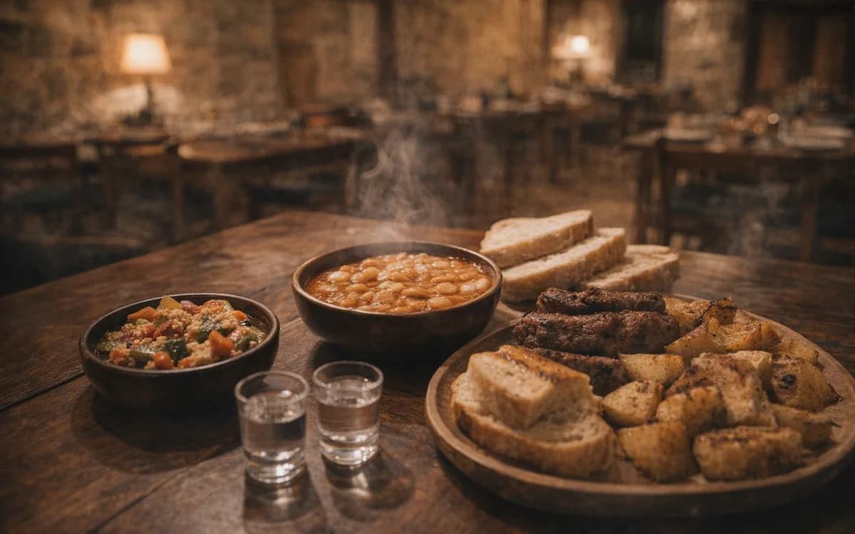 Turshi Albania served with beans, bread, grilled meat, potatoes, and raki at a Klos guesthouse table